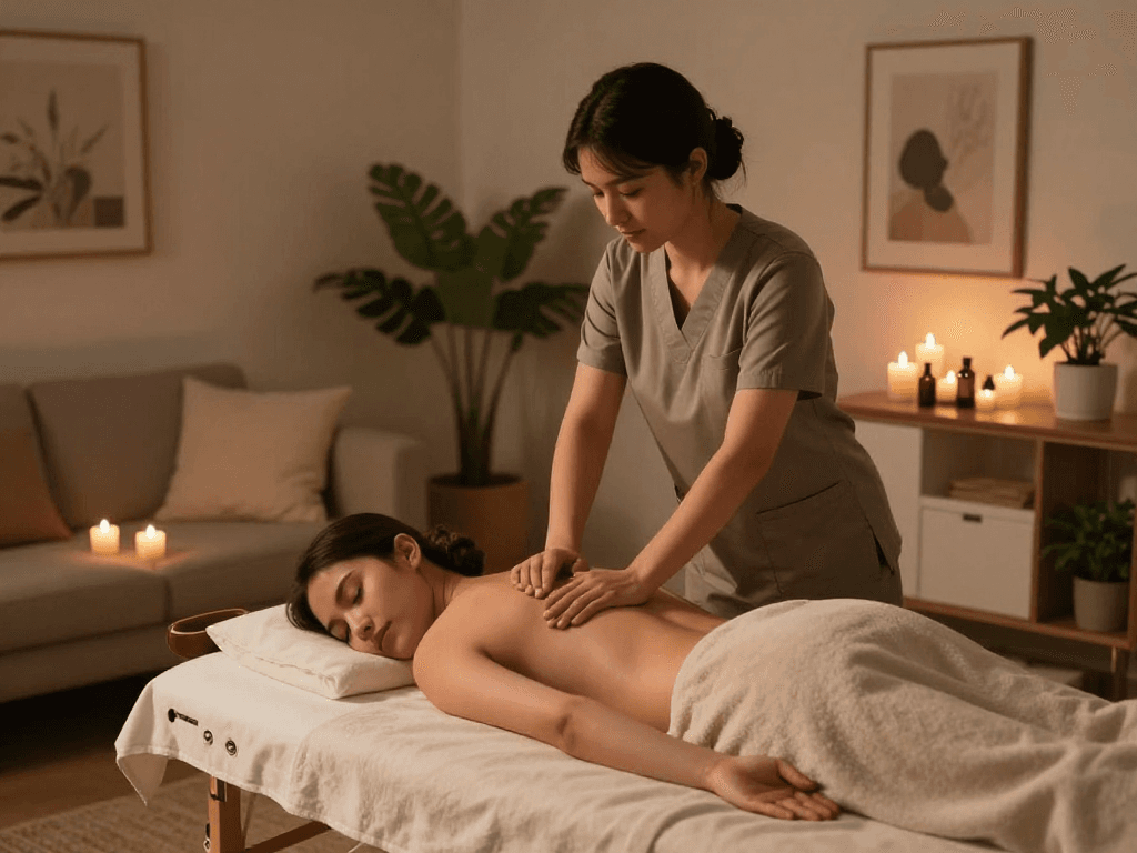 Intimate 인천출장마사지 session showcasing a tranquil home environment with a professional therapist offering a soothing massage.