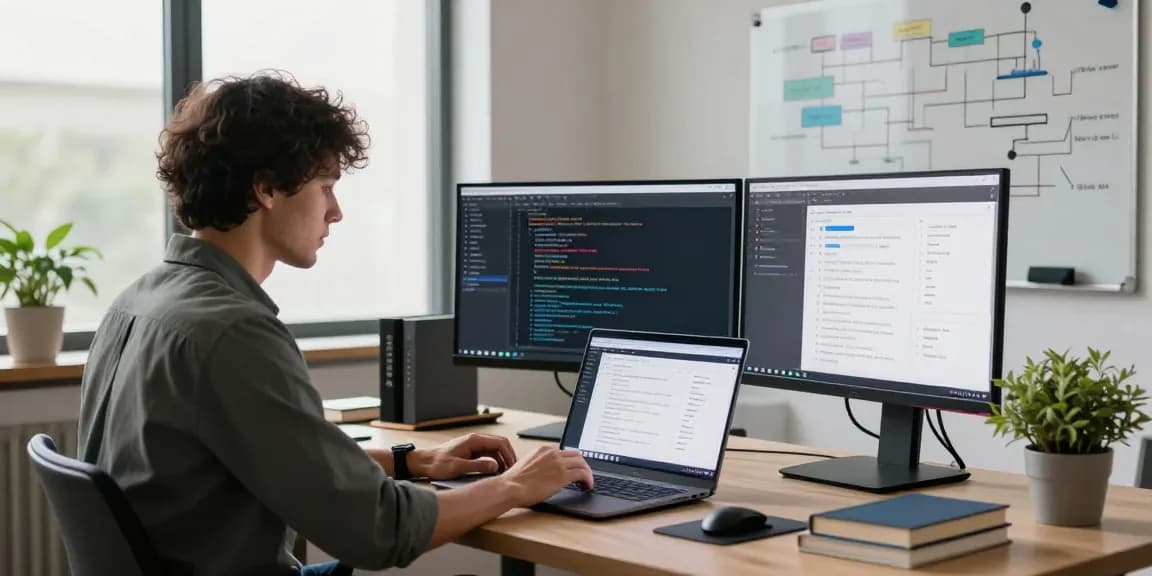 Build internal tools with AI in a modern workspace featuring a developer coding on multiple screens.