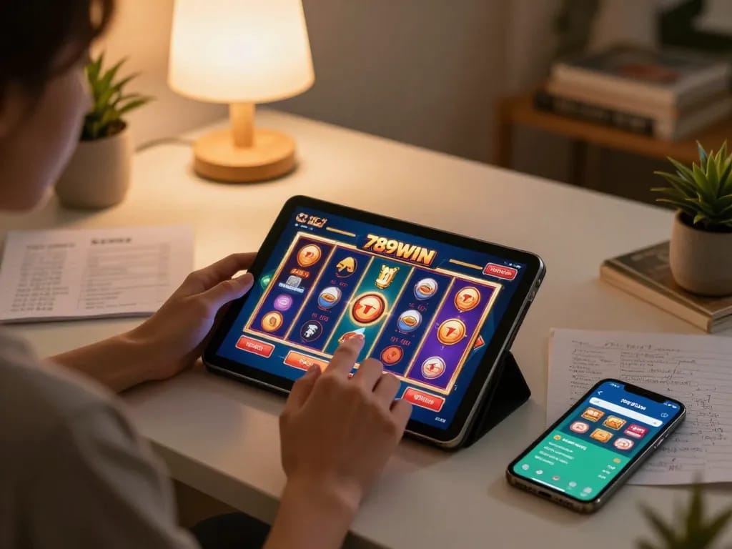 Enjoying a strategic moment in 789WIN online casino gaming on a cozy tablet setup.