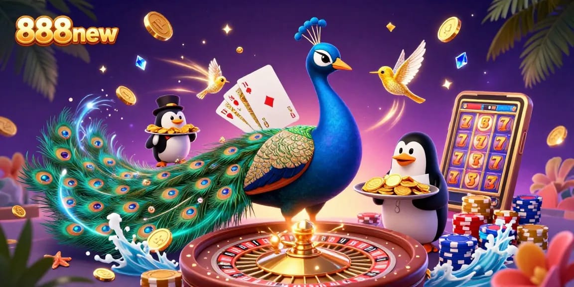 Bet on 888new as the peacock displays vibrant gemstones, while cascading coins enhance the excitement.