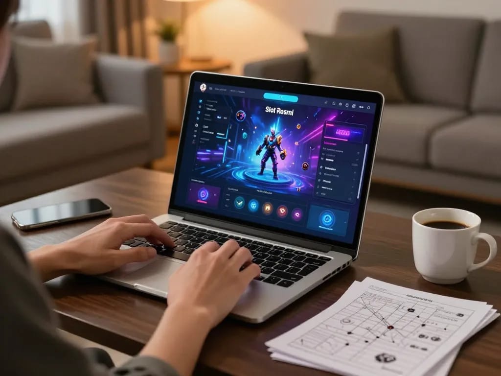 Playing Slot Resmi on a laptop in a cozy living room with gaming notes, showcasing strategic gameplay.