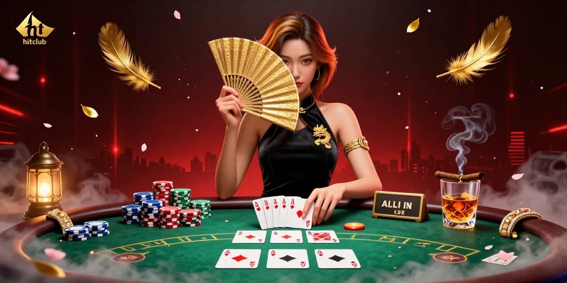 Experience the thrill of hitclub as a stunning woman holds a golden fan over her captivating gaze amidst a rich poker scene.