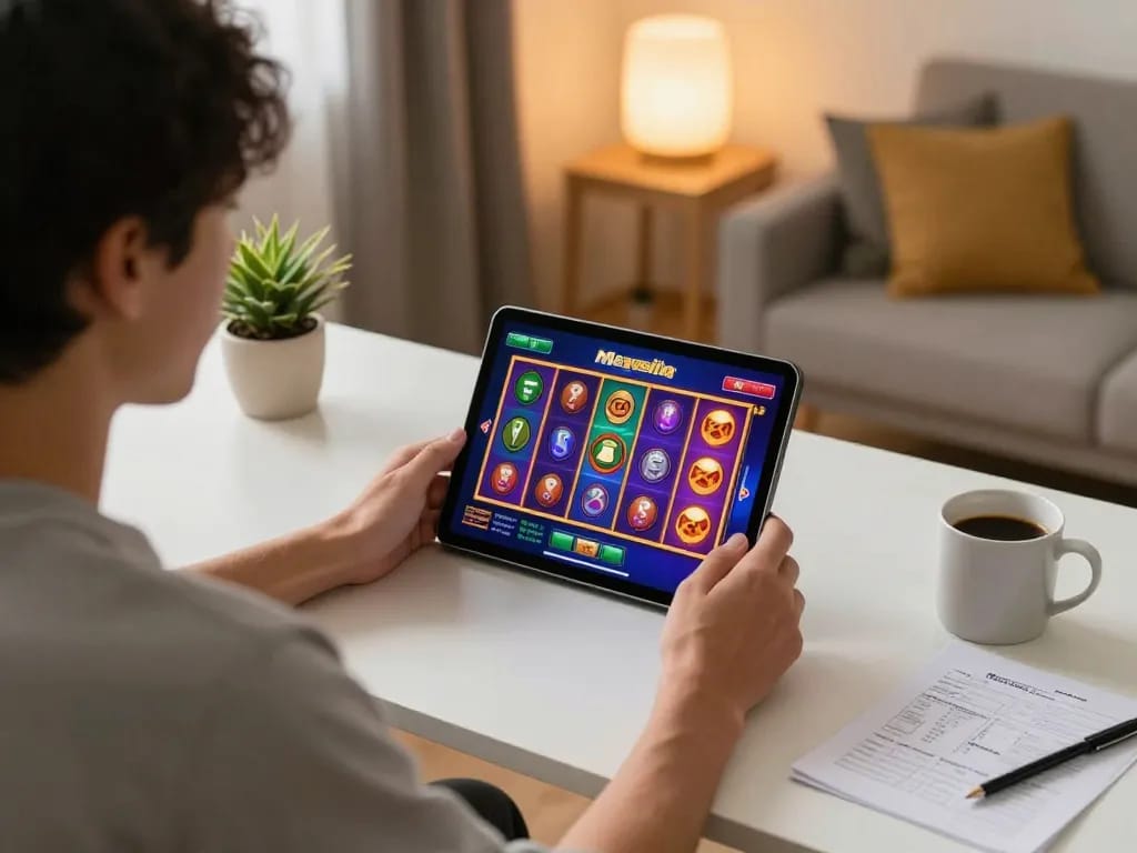 Engaging gameplay experience on vegasslot77 with a player using tablet at home, showcasing responsible gaming.