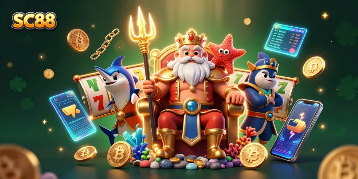 Experience epic wins at SC88 with glowing tridents and slot reels in a magical underwater realm.