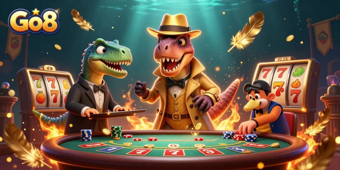 Go8 casino scene with cartoon velociraptor card counter and stegosaurus pit boss at a dynamic blackjack table