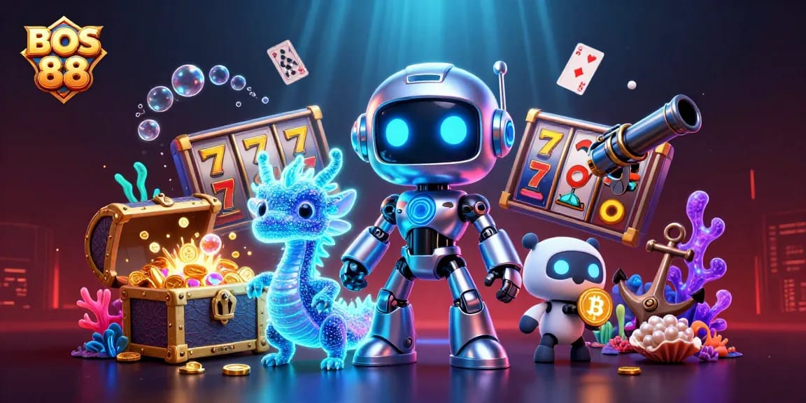 Permainan seru slot online BOS 88 dengan robot cyberpunk dan harta karun berkilau.