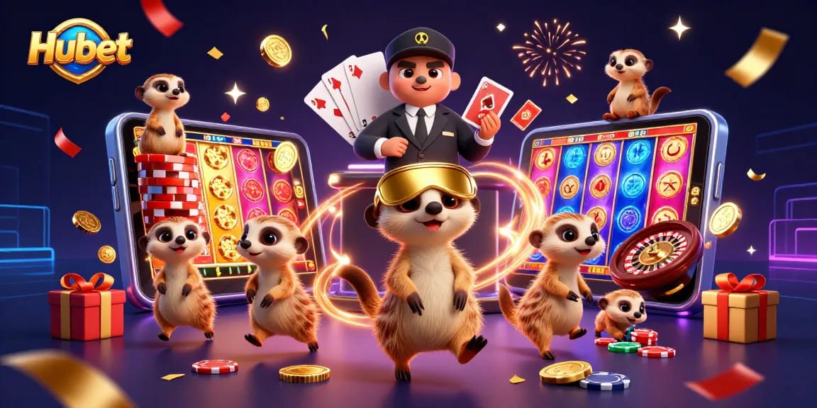 Experience Hubet's lively casino atmosphere with meerkats in a vibrant 3D scene.