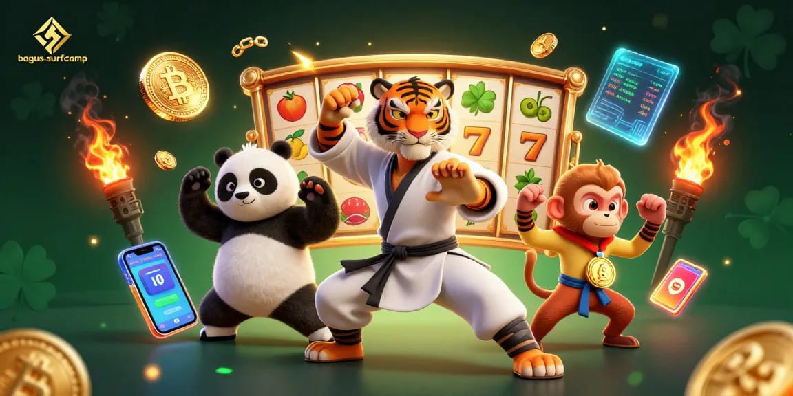Engage with the exhilarating gameplay of bagus-surfcamp featuring slot reels and vibrant characters in a 3D illustration.