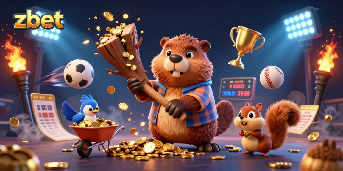 Zbet's dynamic action with cartoon characters amidst falling gold coins and flying sports elements.