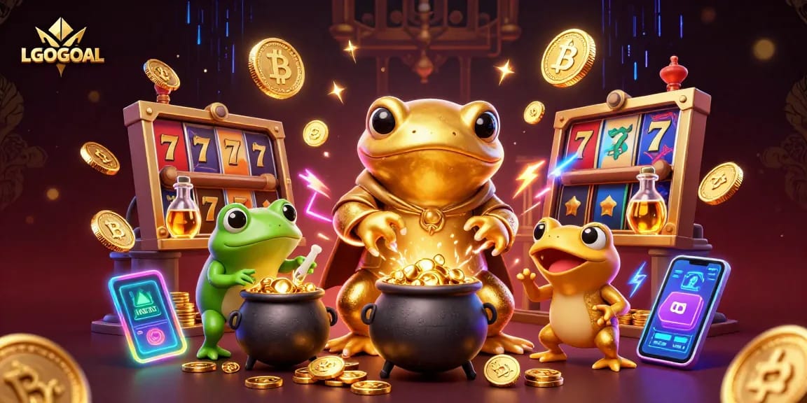 Engage in thrilling gaming experiences at LGOGOAL with vibrant slot-themed 3D illustration and golden characters.