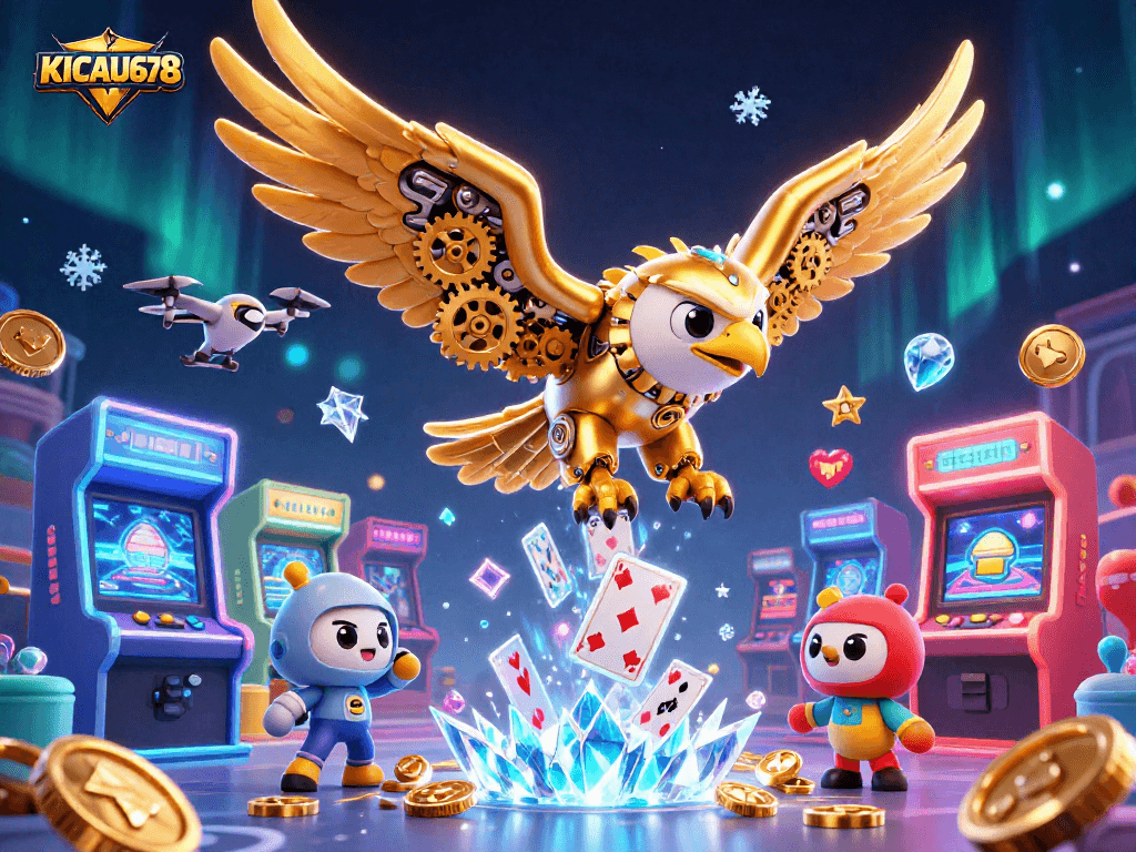 KICAU678 showcases an electrifying dive of a golden eagle amidst holographic cards and vibrant casino elements.