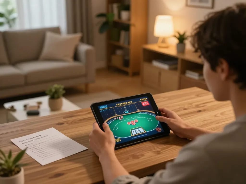 Player enjoying online gaming at 789clubgo within a cozy home setup, showcasing responsible gambling elements.