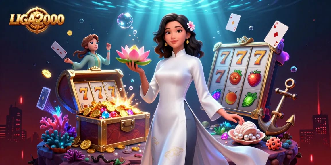 Putar dan menangkan bersama LIGA2000 dalam ilustrasi permainan slot yang hidup ini yang menampilkan aksi kasino dinamis.