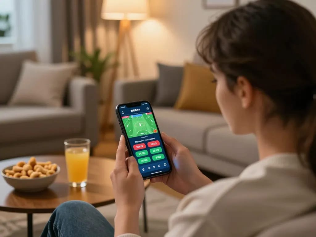 Engaging moment of a player using the 78wingo app for mobile sports betting in a cozy living room