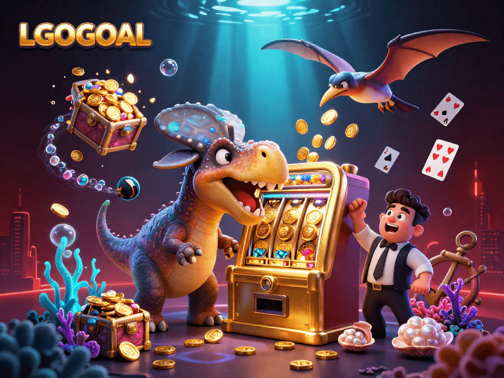 LGOGOAL game illustration showing a dinosaur interacting with a slot machine amidst an exciting casino scene.