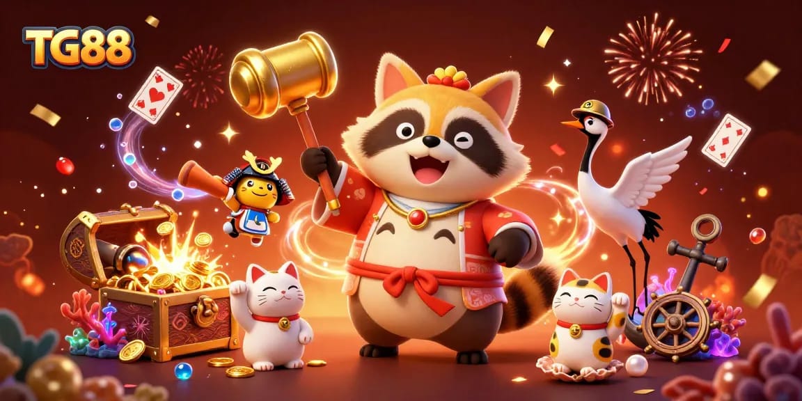Experience thrilling gaming at TG88 with cheerful characters and vibrant casino elements.