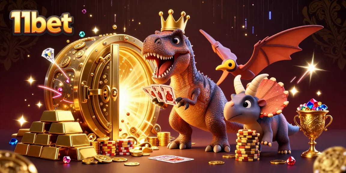 Experience thrilling gaming at 11bet with a vibrant and engaging casino illustration featuring friendly characters.