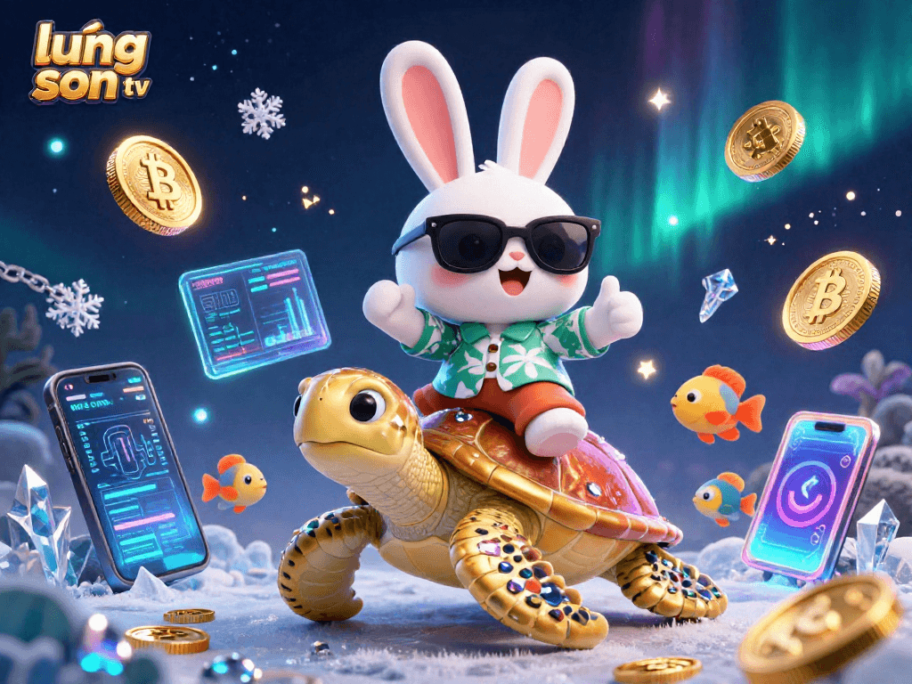 Experience thrilling gameplay at lương sơn tv with a lucky rabbit riding a golden turtle, surrounded by crypto elements.