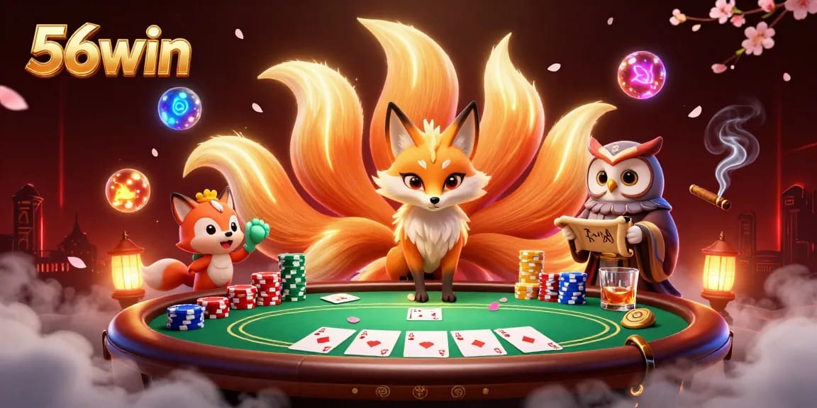 Engage with 56win's captivating gaming atmosphere featuring a mystical nine-tailed fox and poker scene.