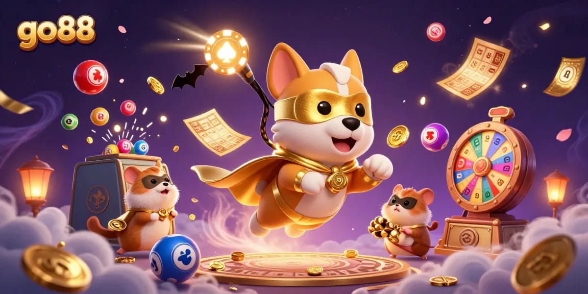 Engage with go88's thrilling casino games in this vibrant, dynamic illustration featuring a heroic cartoon dog.