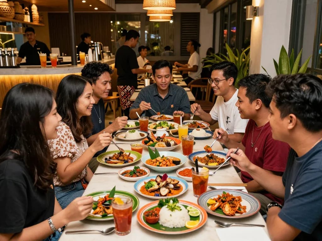 Enjoying delicious meals at Pokerseri restaurant with friends in a vibrant atmosphere