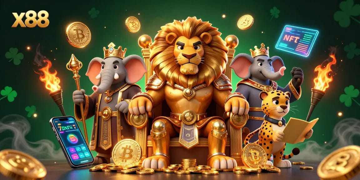 x88 presents an exciting scene with a lion king, elephant advisor, and cheetah messenger among cryptocurrency elements in a vibrant casino setting.