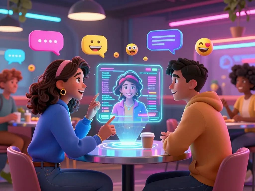 Engaging AI porn chat scene with animated characters in a vibrant virtual café.