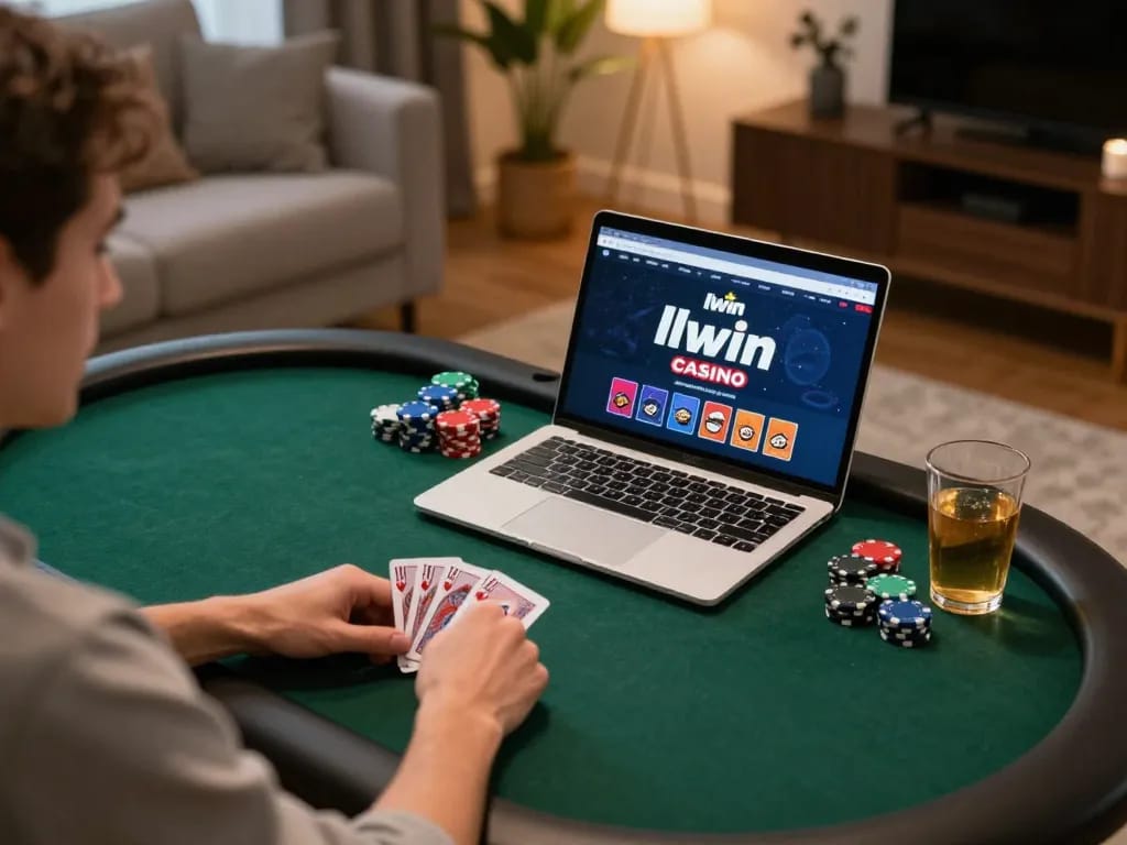 llwin online poker scene featuring players with cards and chips, cozy home atmosphere