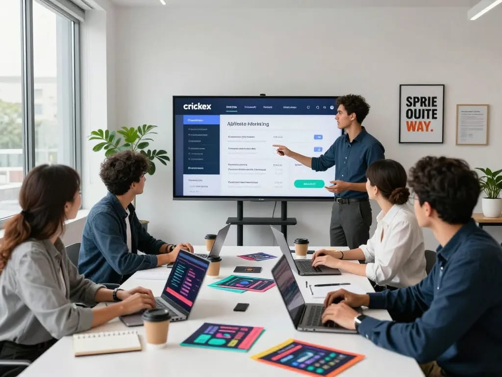 Crickex affiliate team collaborating on marketing strategies in a modern office setting.