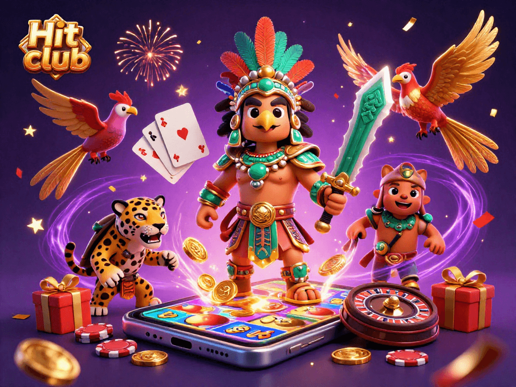 Hit club showcases dynamic gaming action with Aztec warriors and vibrant slot elements.