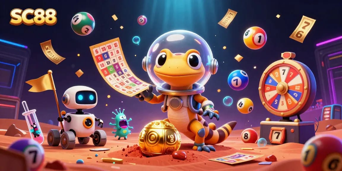 Vibrant 3D illustration depicting SC88, the Martian gecko discovering a golden casino with exciting gaming elements surrounding it.