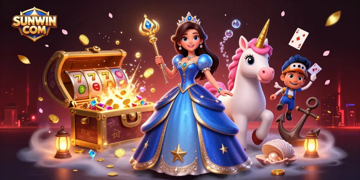 SUNWIN COM invites players to enjoy thrilling slots amidst magical illustration of a stunning woman and unicorn.