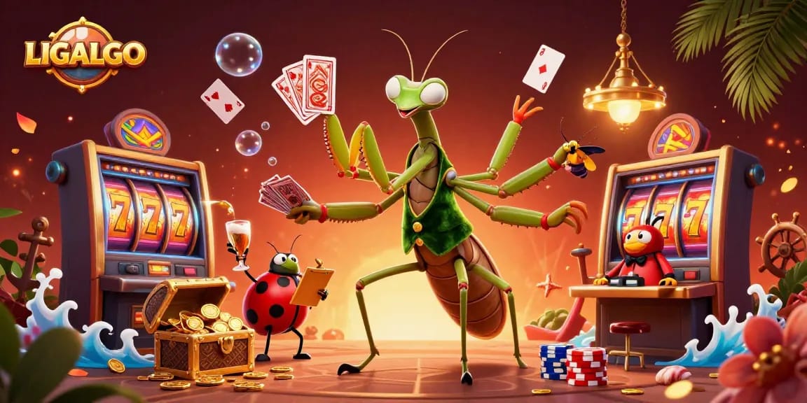 LIGALGO showcases an exciting casino scene with a charismatic praying mantis, vibrant slots, and rich gaming action.