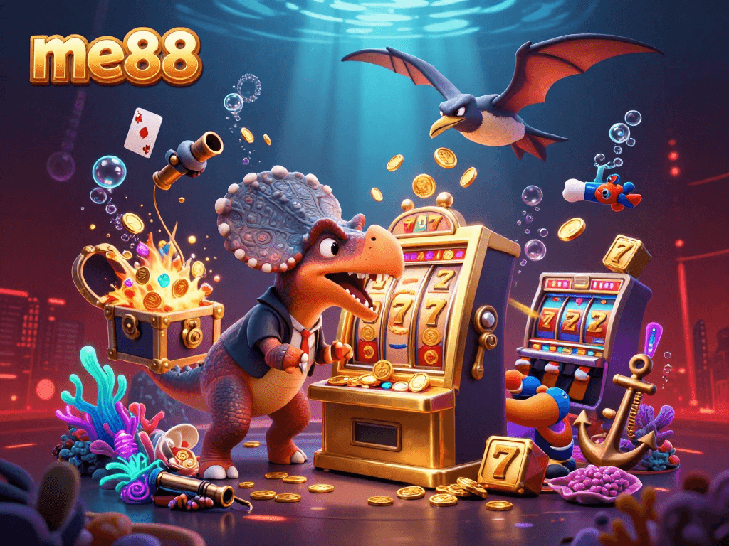me88 offers a thrilling casino adventure with animated dinosaurs and golden winning slots.