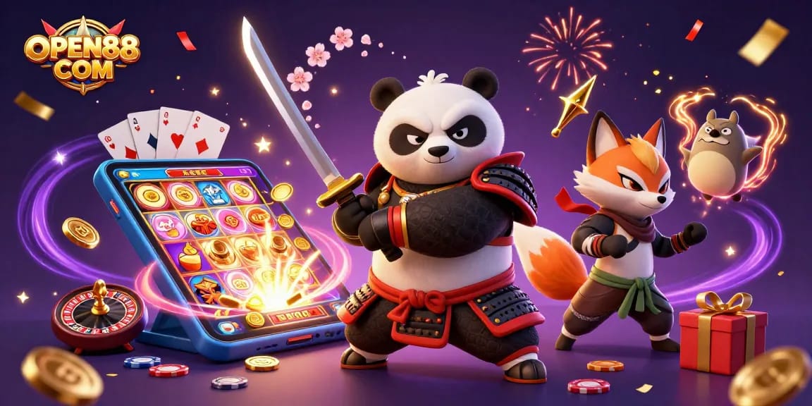 Engage with the exciting offerings of OPEN88 COM through a festive casino illustration featuring vivid characters and gaming elements.