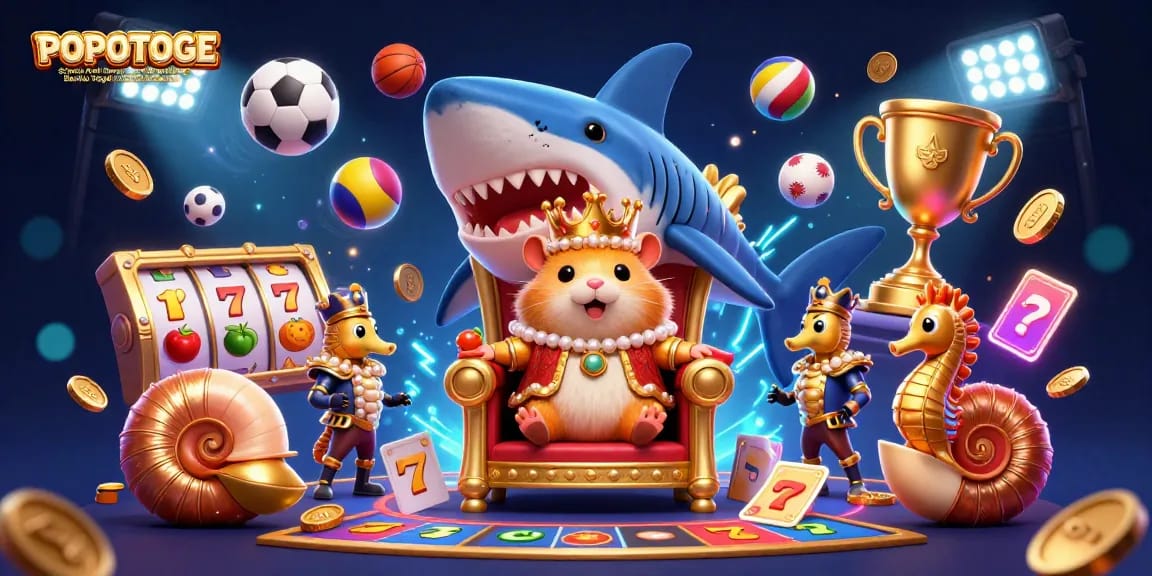 Engage with the POPOTOGE Strategi Anti Boncos Slot online & Bandar Togel Konsisten Maxwin, featuring an energetic 3D illustration with captivating characters and gambling elements.