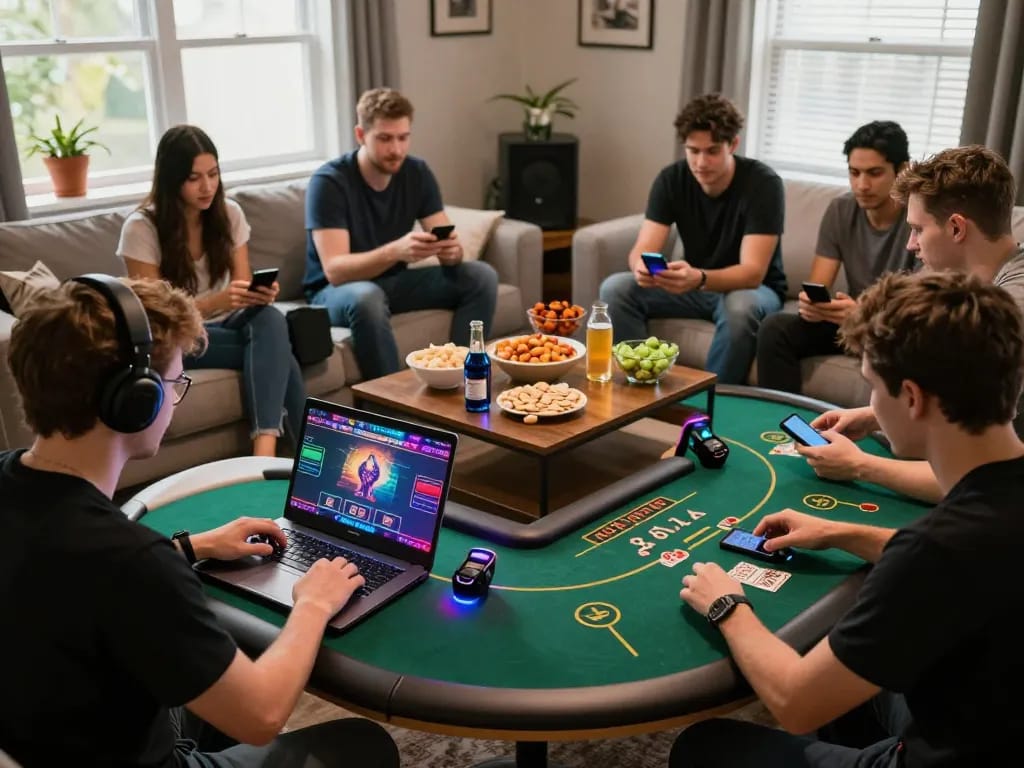 Engaging in a thrilling online poker game with nego77 login, showcasing a vibrant home gaming atmosphere.