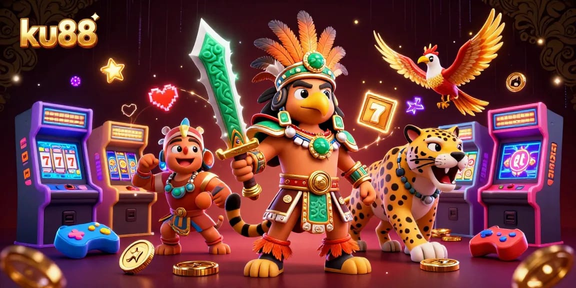 Join the excitement at ku88 with a vibrant 3D scene of Aztec warriors and slot games.