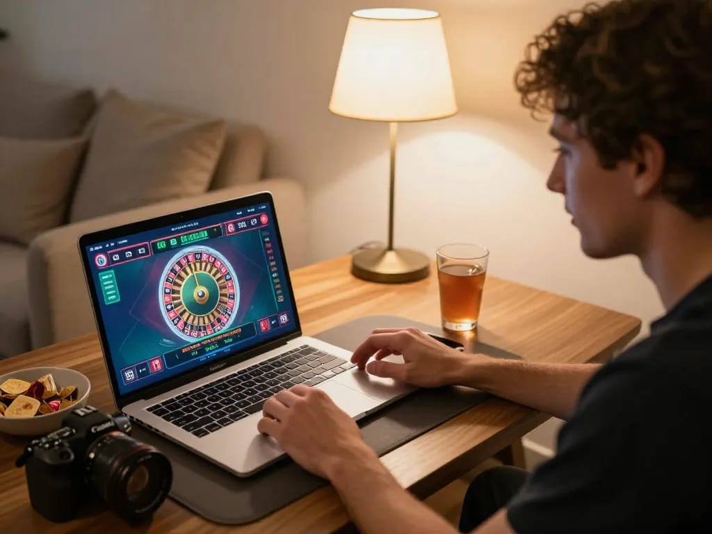 Player engaged with rr88 live dealer game, showcasing interactive online casino experience at home