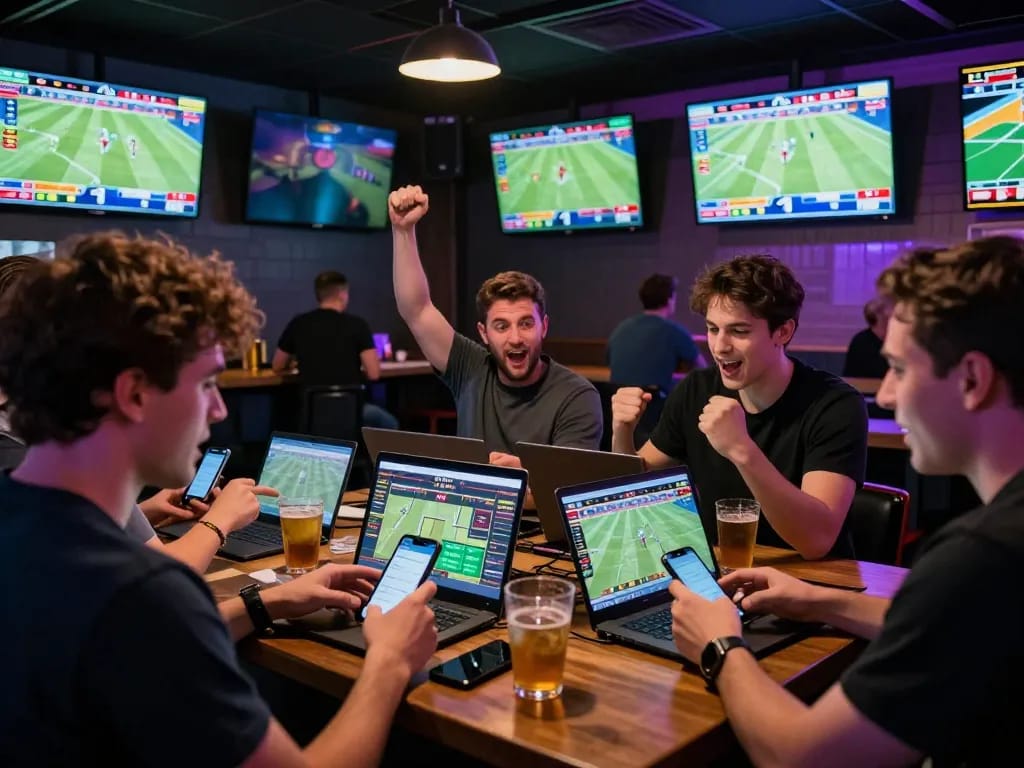 Engaged bettors analyzing odds at a sports bar during an event, showcasing the dynamic bong99 betting experience.