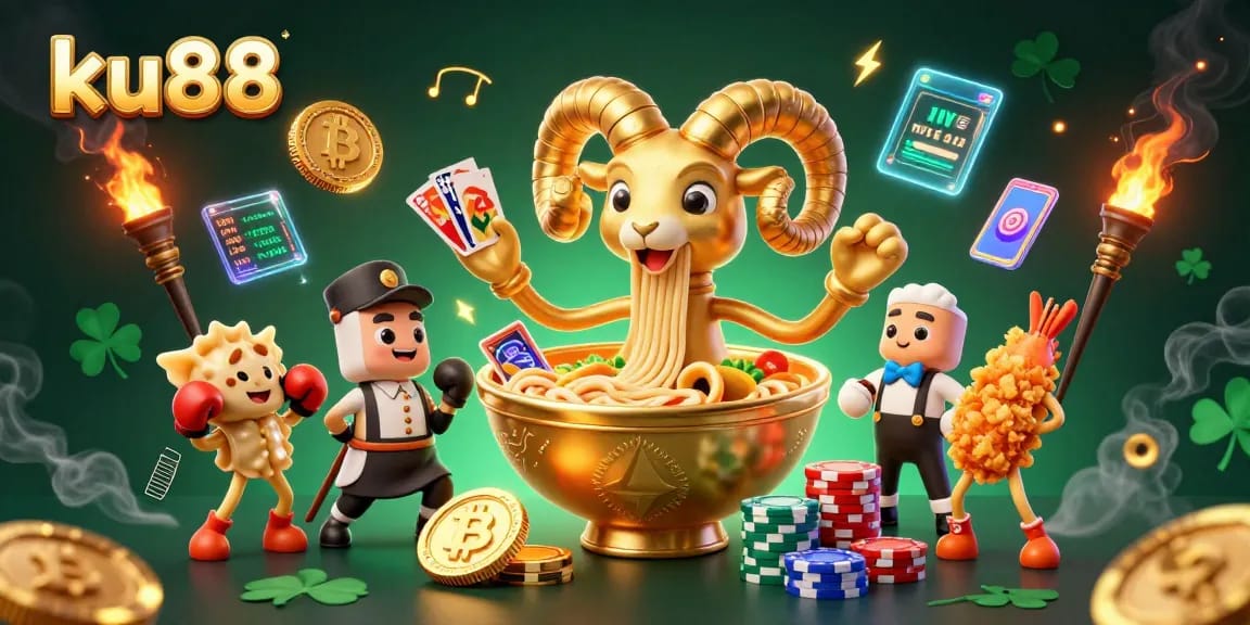 ku88 challenges players in a vibrant 3D casino scene featuring colorful characters with cards and chips