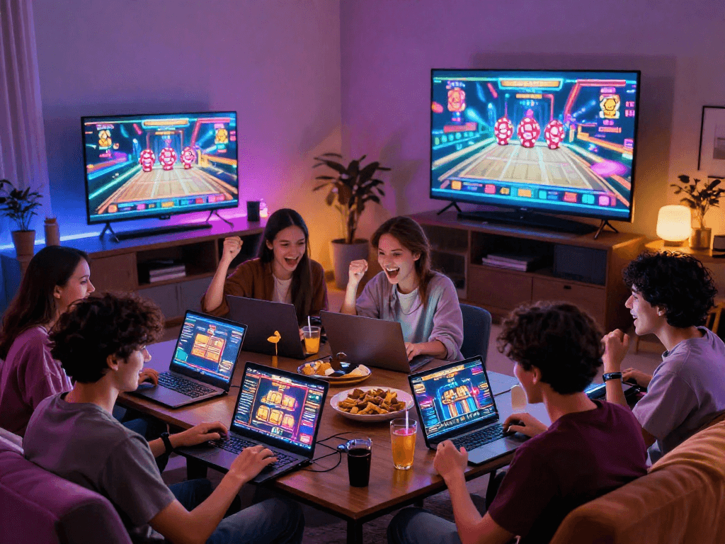 Exciting group gaming experience featuring rokok 88 with friends enjoying online slot games.