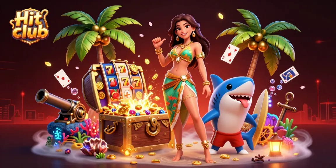 Hit club showcases a glamorous beach goddess with a shark in a vibrant 3D casino scene.