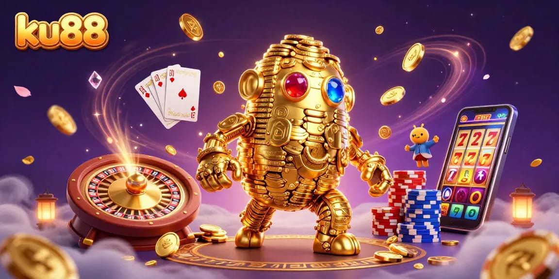 ku88 showcases gaming excitement with a dynamic golem and spinning roulette.