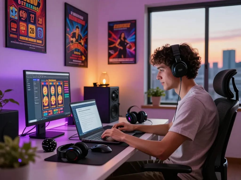 Engaging home office scene with an affiliate marketer focused on BetVisa affiliate commissions and gaming.
