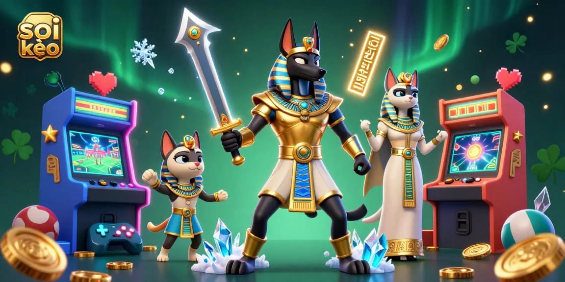 Soi kèo sports betting scene with Anubis warrior and glowing hieroglyphs amidst casino elements.