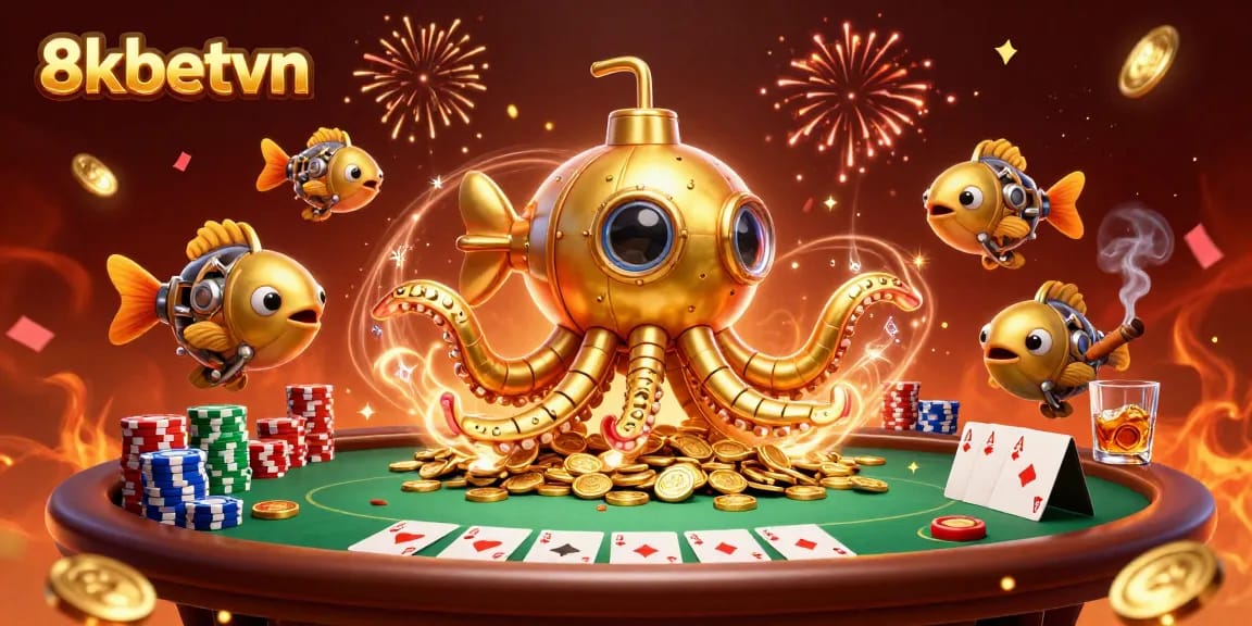 Join the excitement at 8kbetvn with a festival of gambling, golden kraken, and vibrant poker elements.