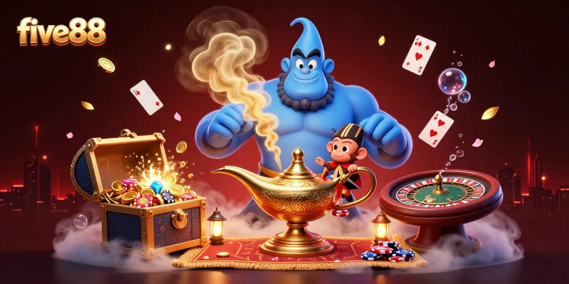 Bet on excitement with five88's vibrant 3D casino scene featuring a genie, poker, and treasures.