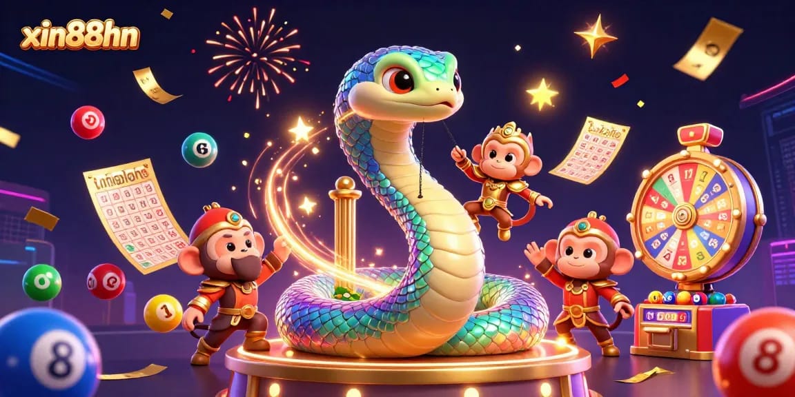 Experience exciting gameplay at xin88hn with vibrant lottery balls, golden tickets, and magical serpent art.