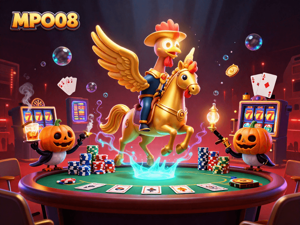 MPO08 interactive gaming scene featuring a golden rooster, poker chips, and slot reels in a vibrant casino setting.